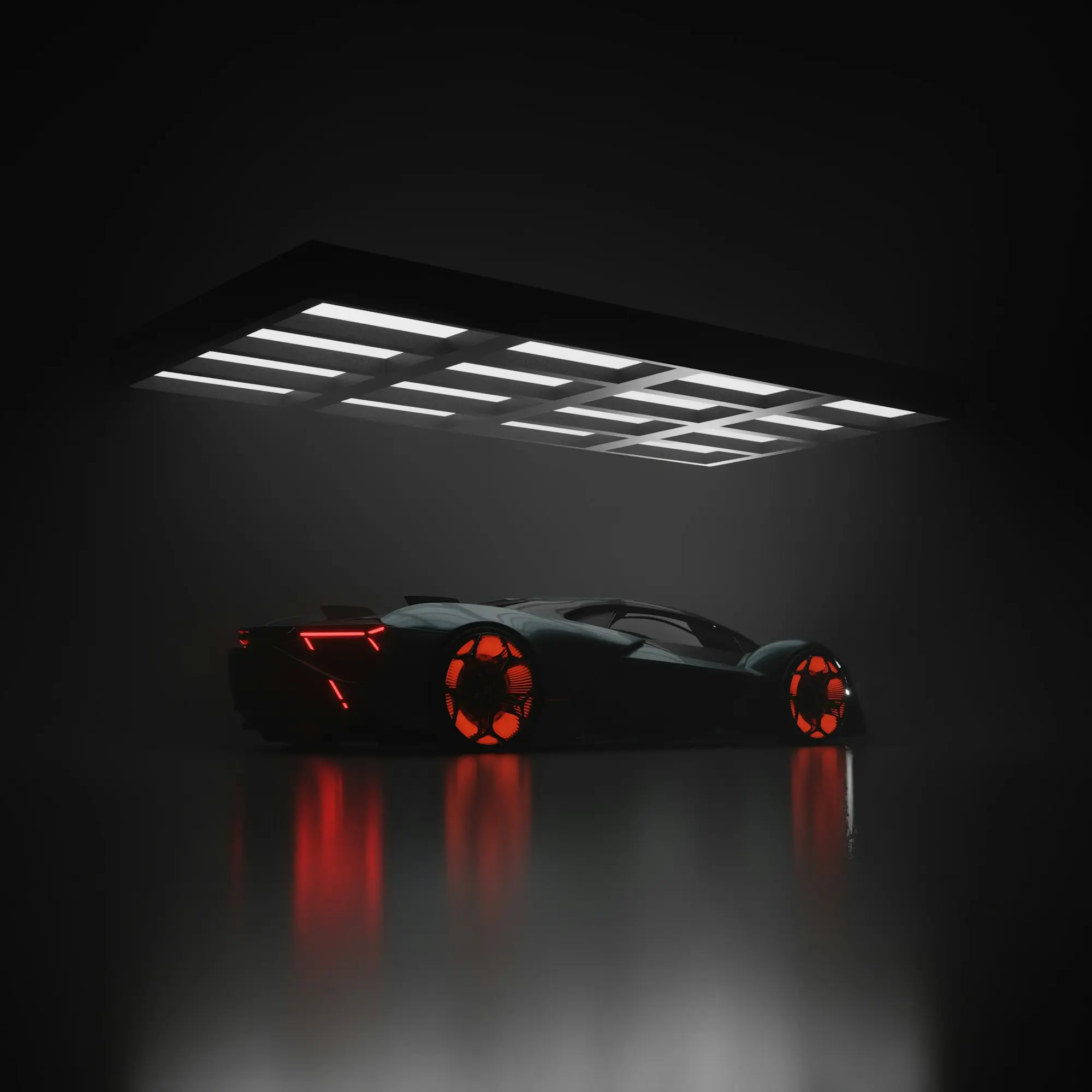 Low hypercar silhouette with glowing red wheels