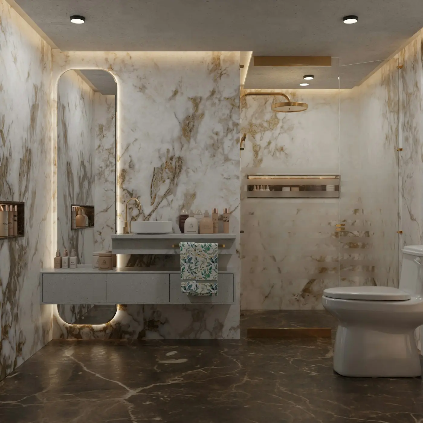 Marble bathroom with backlit mirror