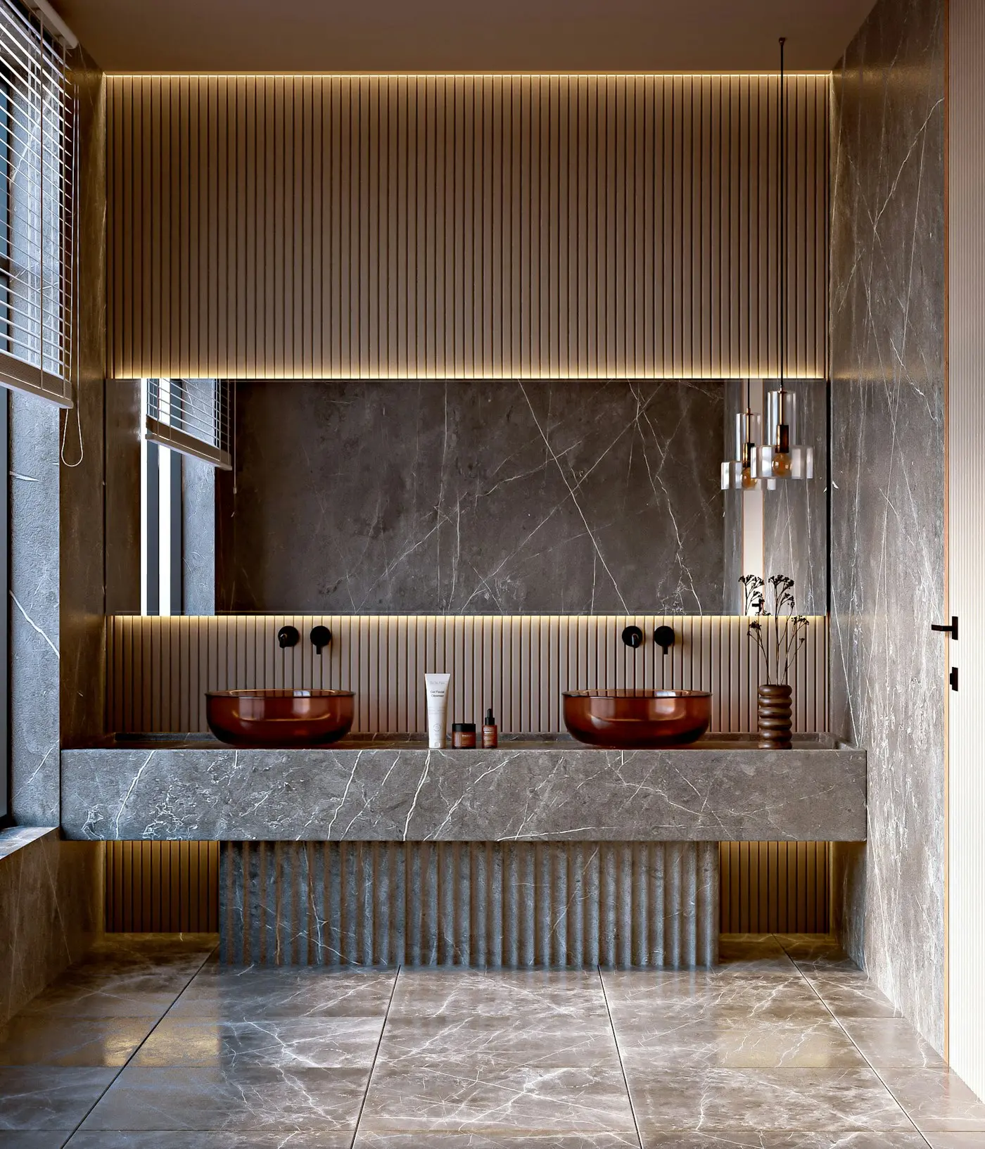 Stone vanity with twin copper basins and timber slats