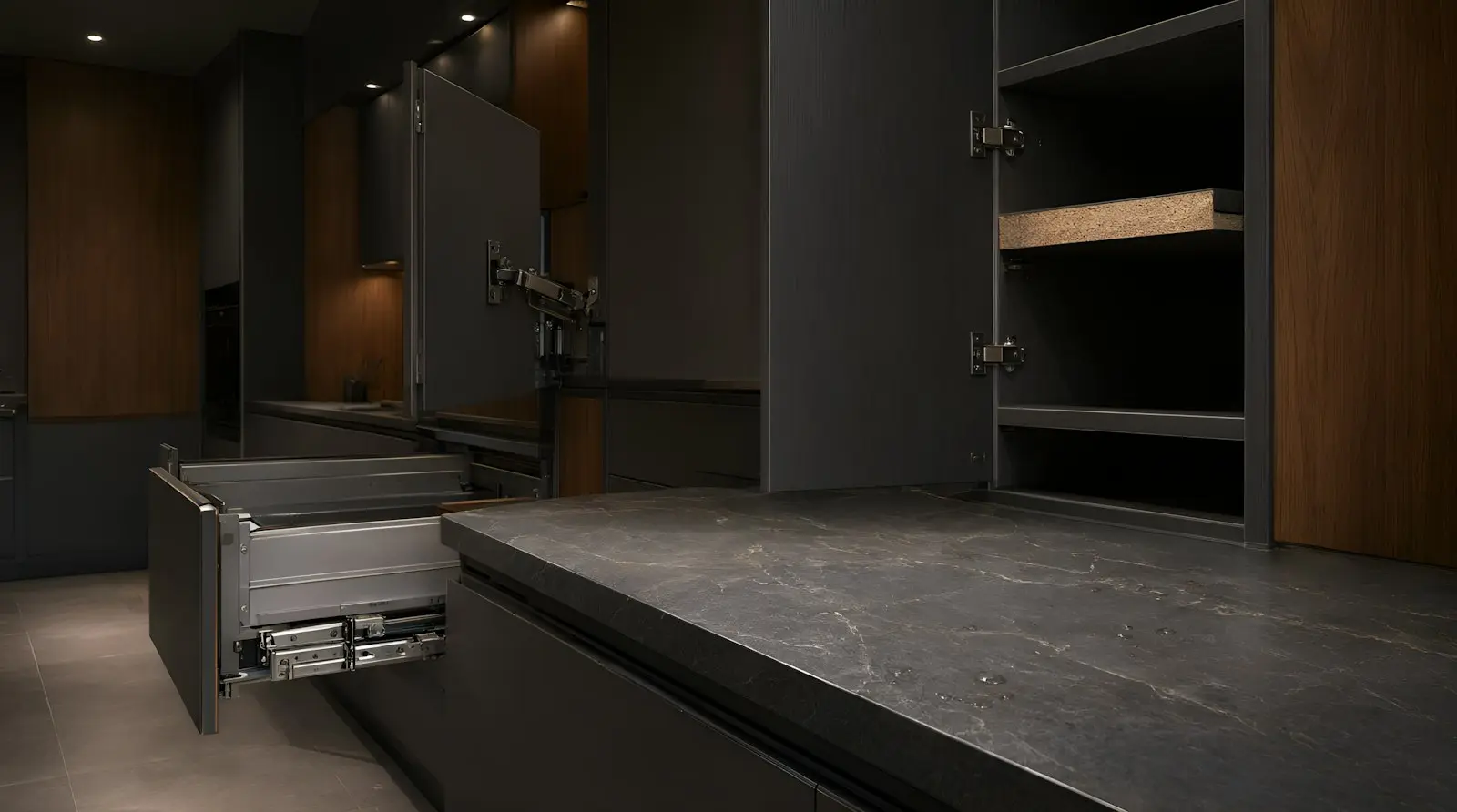 Soft close drawer in a charcoal kitchen